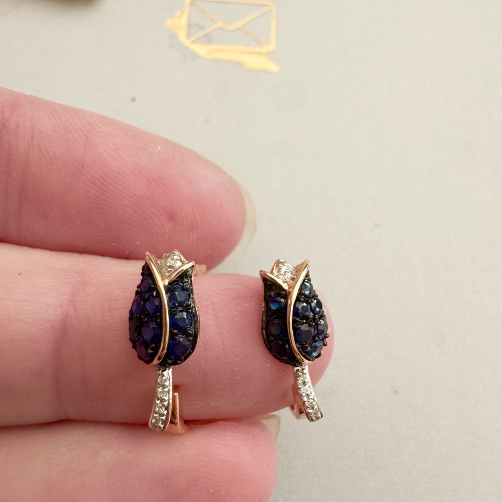 Solid 14k Rose gold tulip lever back earrings with blue and white sapphires